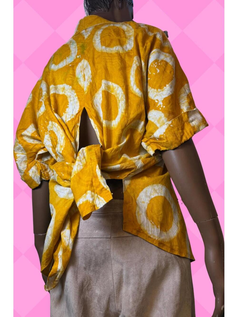 vintage Yellow tie-dye circle abstract dot ochre sun motif citrus  print L-XL